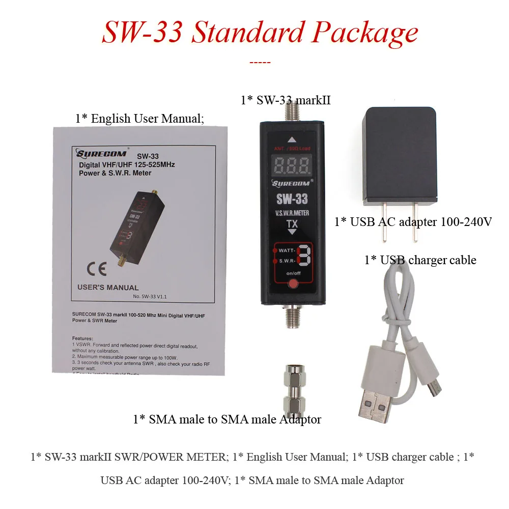 Портативный тестер SURECOM SW-33 Mini Power  SWR Meter VHF/UHF 100 МГц-520  МГц для любительской двусторонней радиосвязи SW33 AliExpress