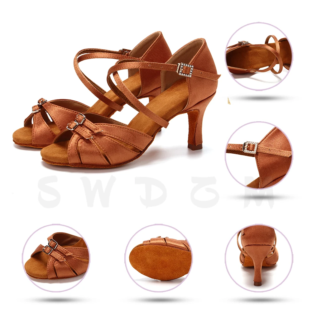 Women Latin Dance Shoes Tango Ballroom Woman Dancing Shoes Girls Ladies Salsa Practice Sandals High Heels Pink White 6/7.5CM