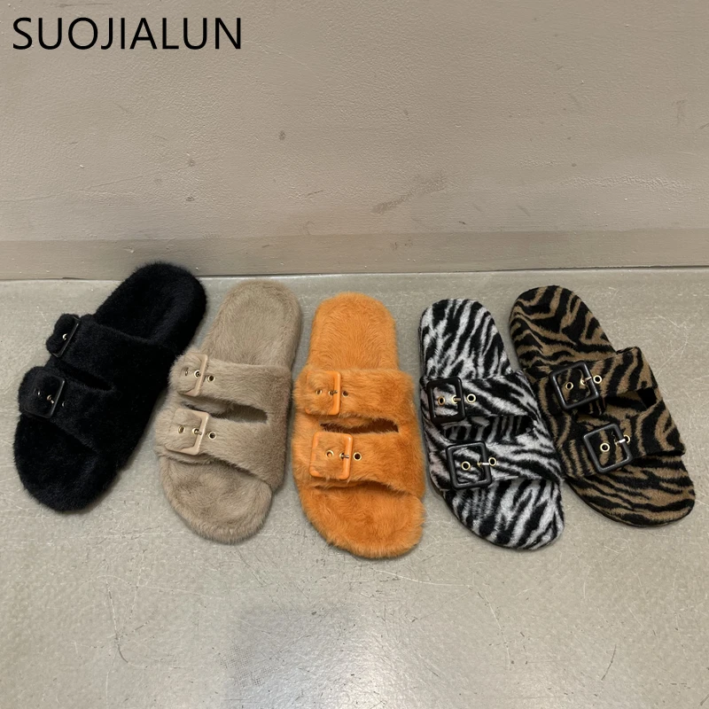 

Зимние теплые пушистые женские тапочки SUOJIALUN на плоской подошве, повседневные женские мягкие пушистые сланцы, модные домашние шлепанцы с уз...