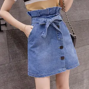 Джинсовые мини-юбки, с рюшами, на пуговицах, с завышенной талией, синие, c108, 2020