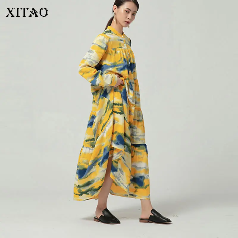 

XITAO Patchwork Print Pattern Draped Dress Women 2021 Autumn Casual Fashion Style Temperament All Match Women Clothes WMD3533