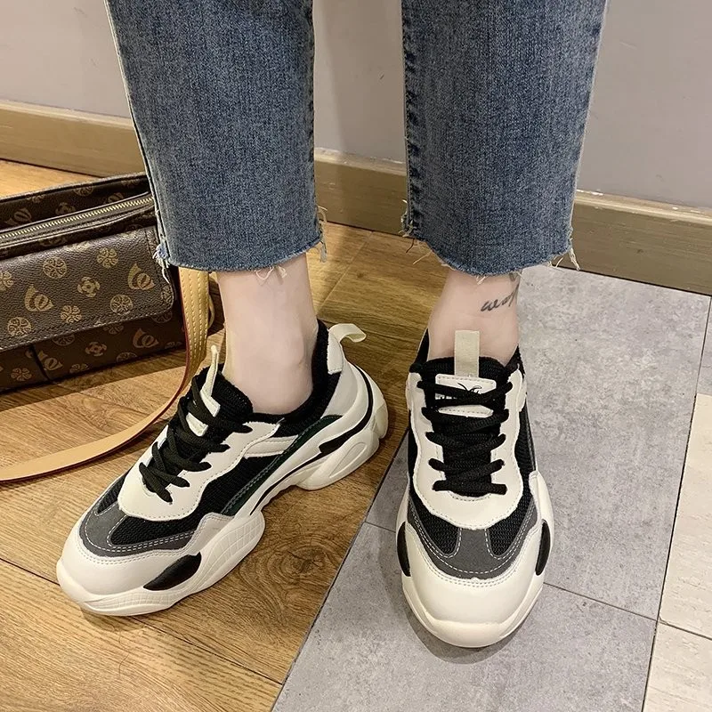 

2021 spring Sneakers Women Thick Bottom Daddy Shoe Thick Bottom Round Toe Breathing Leisure Female Vulcanize Shoes