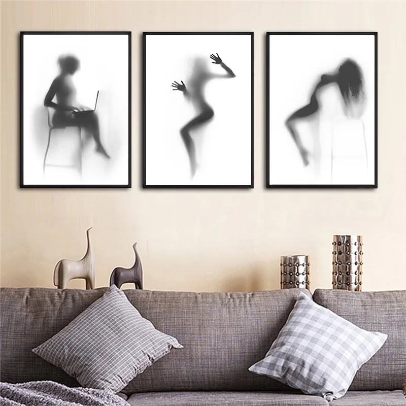 

Black and white sexy female wall art painting print poster bathroom wall decoration girl in shower portrait canvas painting