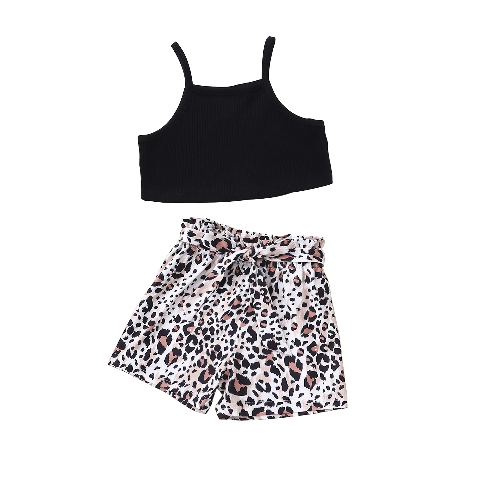 

Baby Girl\u2019s Summer Two Piece Set Fresh Solid Color Suspender Cropped Sleeveless Tops and Bandage Leopard Short Pants New