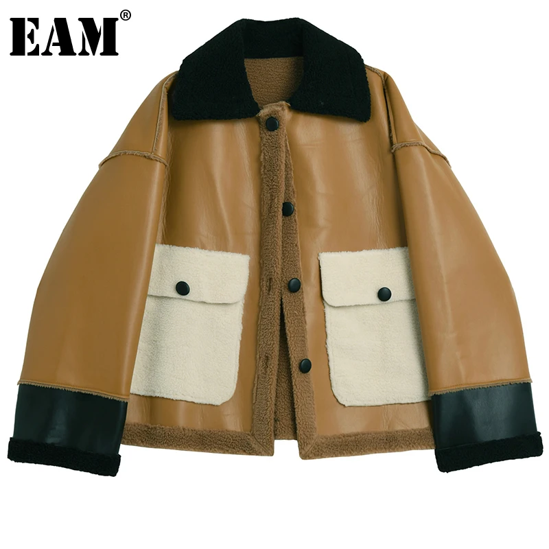 

[EAM] Свободная оранжевая кожаная Толстая куртка большого размера, Новое Женское пальто с отворотом и длинным рукавом, модное осенне-зимнее ...
