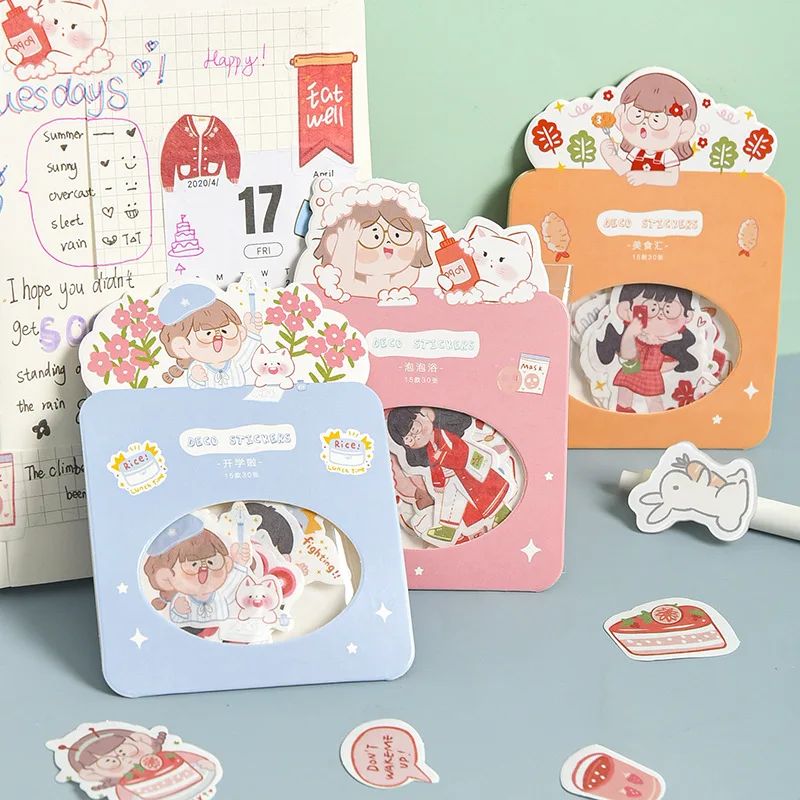 

Korea Creative Sticker Pack Japanese Fresh Cartoon Journal Girl Cute Hand Account Diary Decoration Material Kawaii Decor Diy Bag
