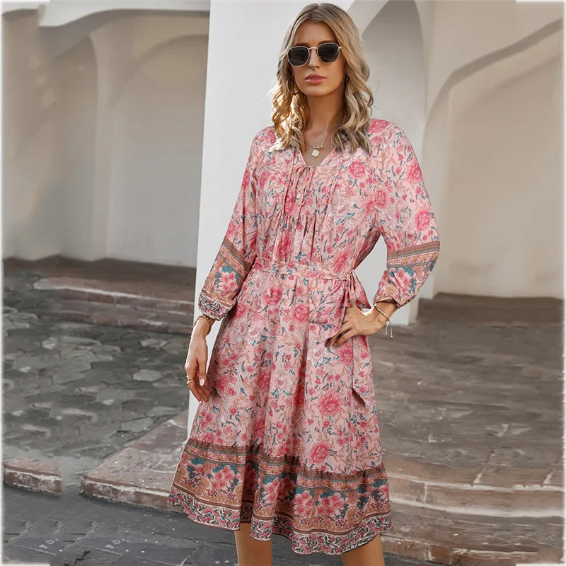 

2021 New Dress Women Pink Yellow Blue Summer Europe America Printing High Waist V-Neck Temperament Fashion Vacation Dress N863