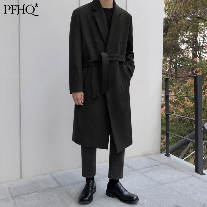 

PFHQ Men Autumn Winter Korean Trend Teenager Thickened Belt Woolen Windbreaker Youth Pop Black Navy Medium Length Coat 21D2041