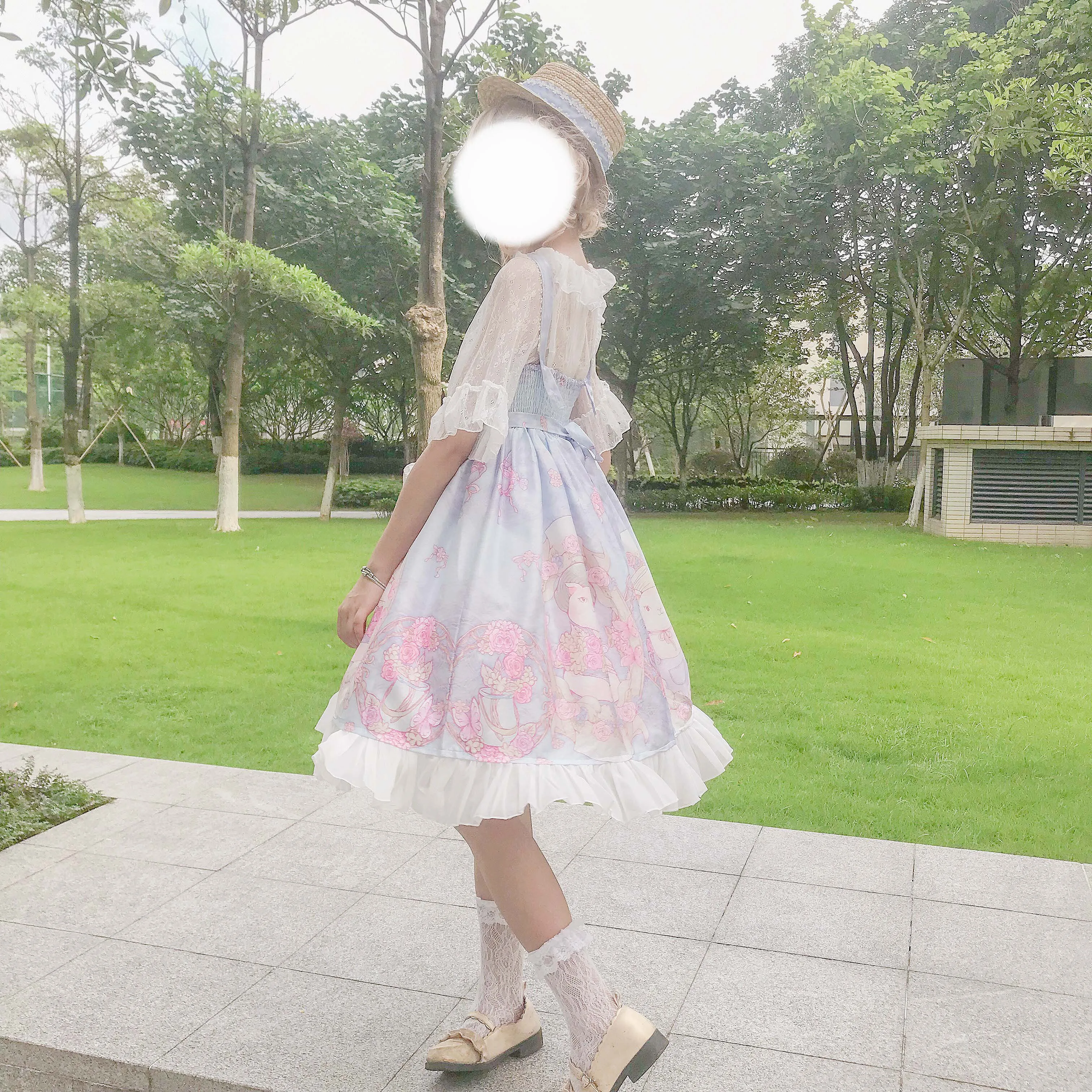 

MokoGoddess Sweet Lolita palace princess sweet cute half sleeve Doll collar lace Cute print Lolita dresses cos maid Costumes