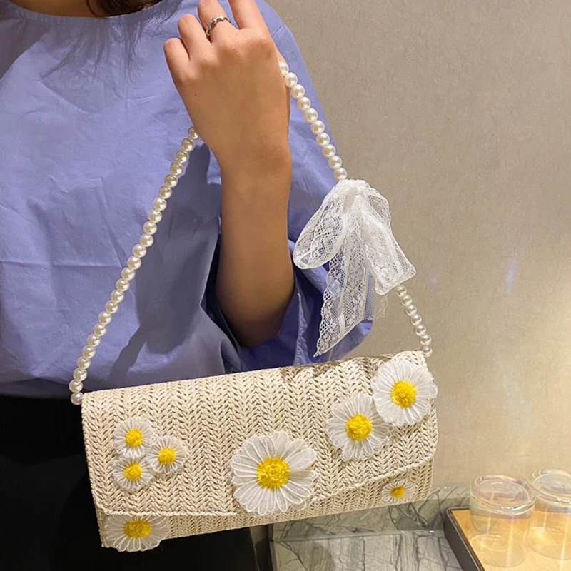 

Women Straw Bags Handmade Woven Daisy Flower Beach Underarm Pearl