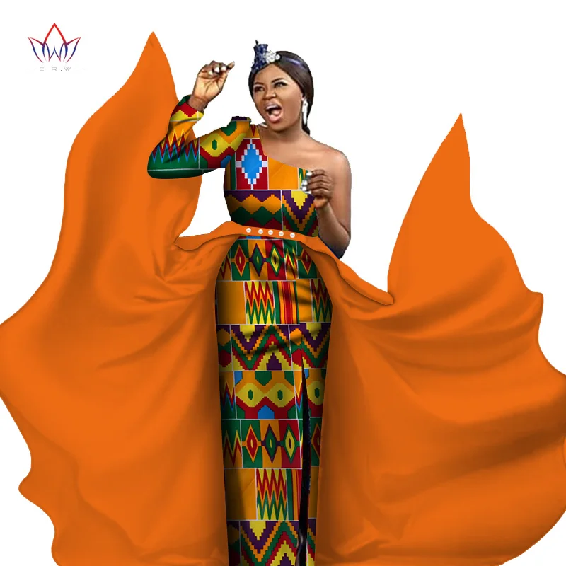 Bintarealwax Party Dresses for Women Dashiki Big pendulum Plus Size African Clothes Single Sleeve Long Dress for Lady WY3204