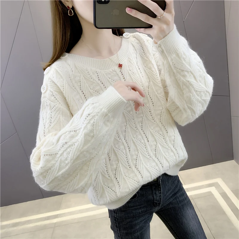 

21060 (room 1, row 7, No. 4 middle) solid color round neck button hollow Pullover [3031] 48