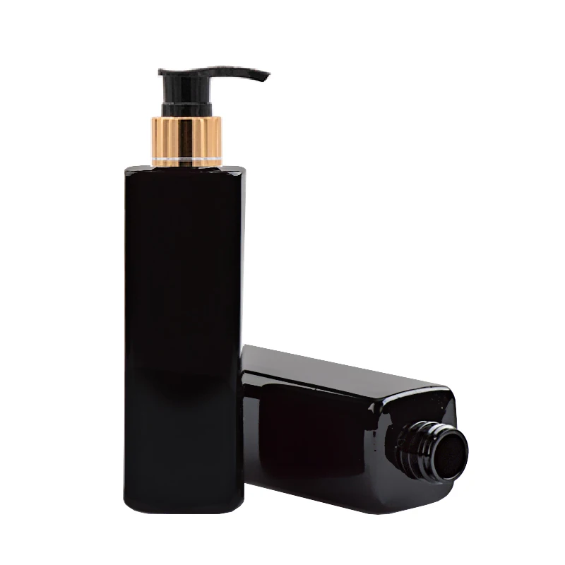 

250ml Black Square Pet Refillable Bottle For Liquid Makeup 250cc gold collar Plastic Pump Bottle For Lotion Shampoo Containers