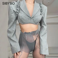 sibybo 2 piece set crop blazer coat women fashion shoulder pad button short jacket coats femme autumn new exposed navel tops