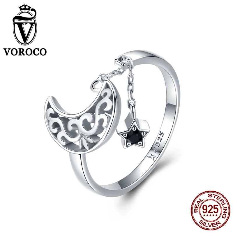VOROCO модные 925 пробы серебряные кольца с Луной и звездами из циркония для женщин Свадебные вечерние Роскошные ювелирные изделия BKR479