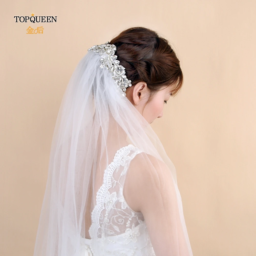 

TOPQUEEN VS283 Wedding Bridal Veil One-Layer Rhinestones Decoration Elegent Tulle with Comb Lace Edge White Bride Accessories