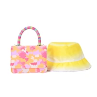 two piece women handbags set trendy tie dye chain shoulder bag with colourful handle purse hand bags and fisherman hat set