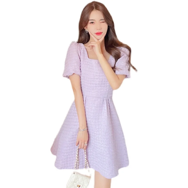 

Make summer French aristocratic temperament hubble-bubble sleeve party brought back bow short-sleeved dress skirt in love