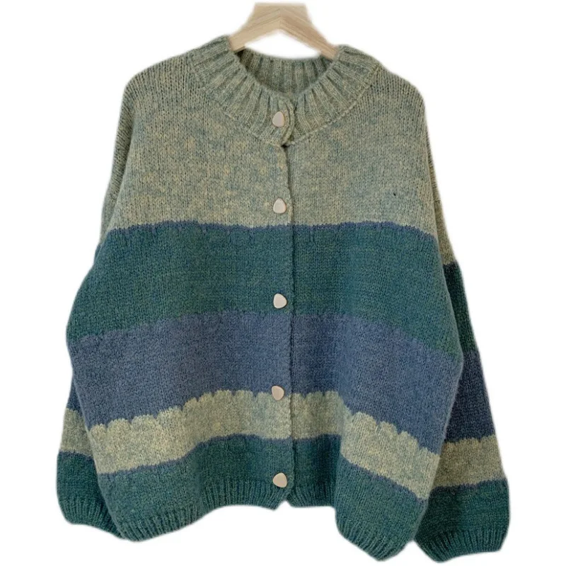 

Wide Strip Design Contrast Stitching Cardigan Sweater for Women Autumn and Winter 2021 New Loose Korean Fashion Cardigan Sweater