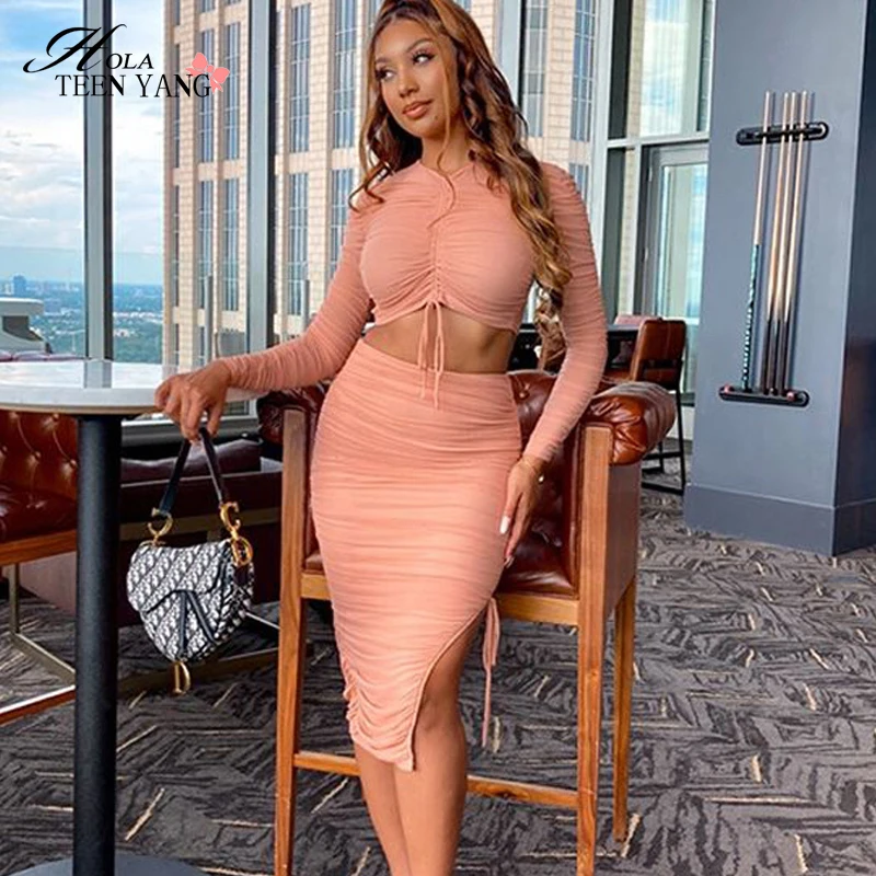 

Hola TeenYang 2 Piece Set Sexy Mesh Pullover Tops Drawstring Bandage Long Sleeve Side Split Skirts Matching set Bodycon