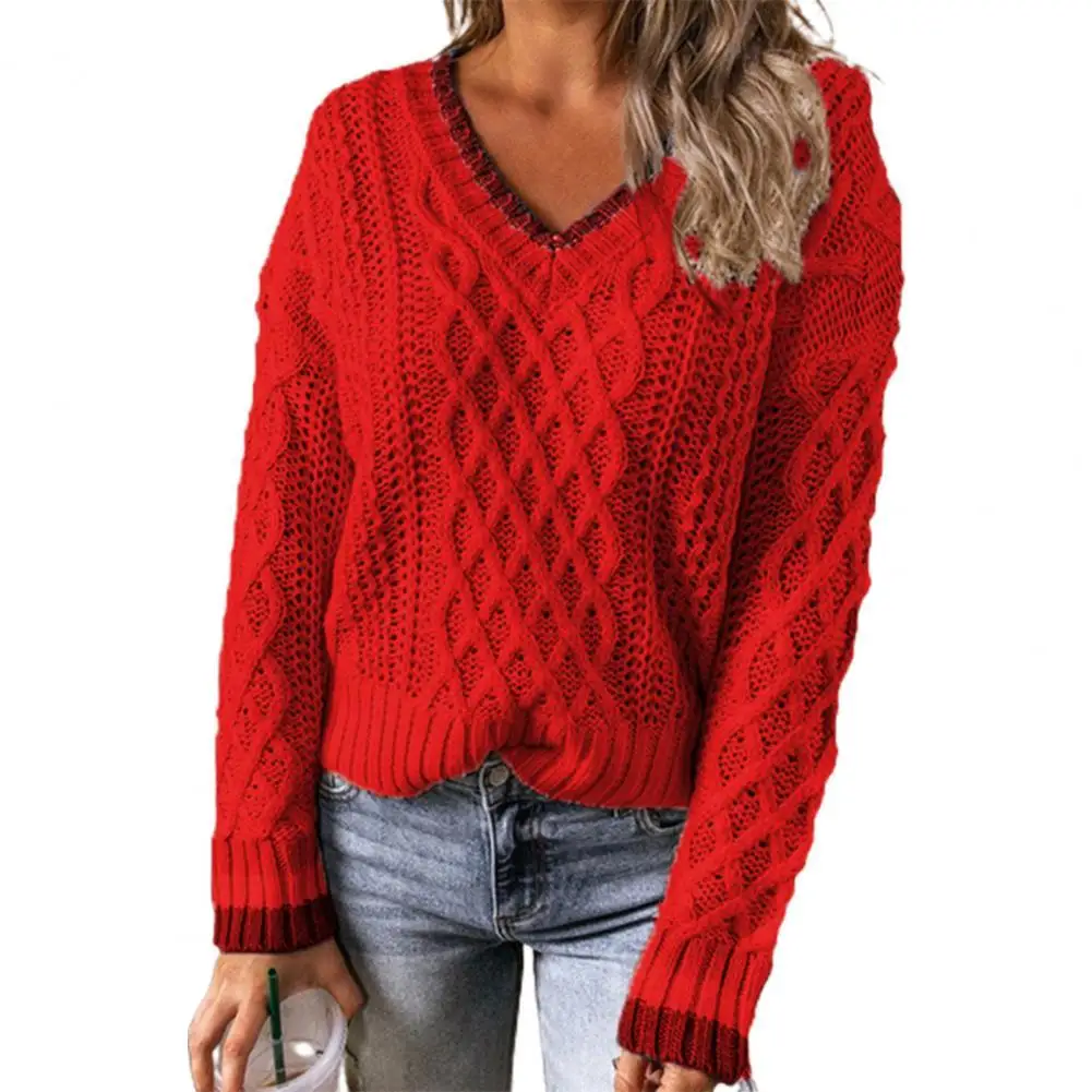 

Autumn Deep V Neck Long Sleeve Knitted Top Women 2021 New Fashion Winter Patchwork Twist Female Pullover Sweater Tops Streetwear