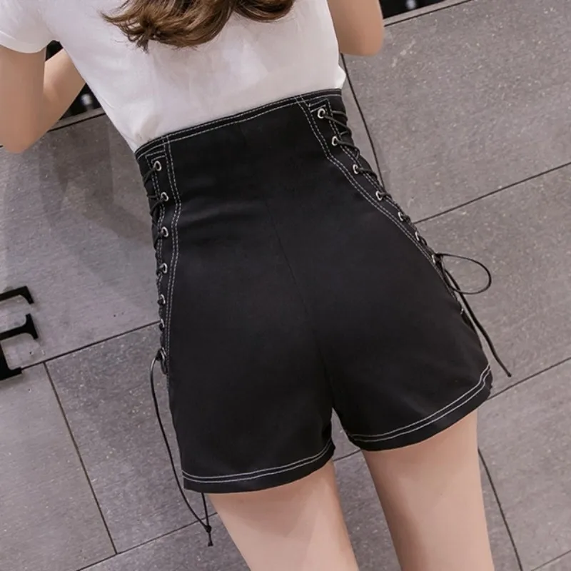 

Women Punk Style Fashion Zipper Lace Up Denim Shorts Ladies Streetwear Black White High Waist Slim Fit Summer Jeans Short Female