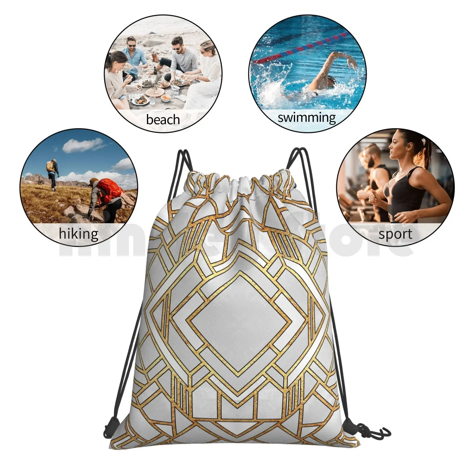 

Art Deco 1 Backpack Drawstring Bag Riding Climbing Gym Bag Graphic Abstract Art Lines Gold Golden White Geometric Geometric