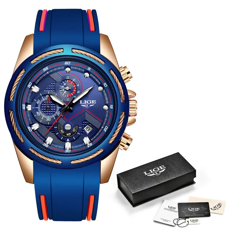 Rose gold blue Новинка LIGE мужские часы лучший бренд Роскошная Мода Большой циферблат спортивные кварцевые наручные часы мужские s повседневные кожаные водонепроницаемые хронограф - Цвет: Rose gold blue