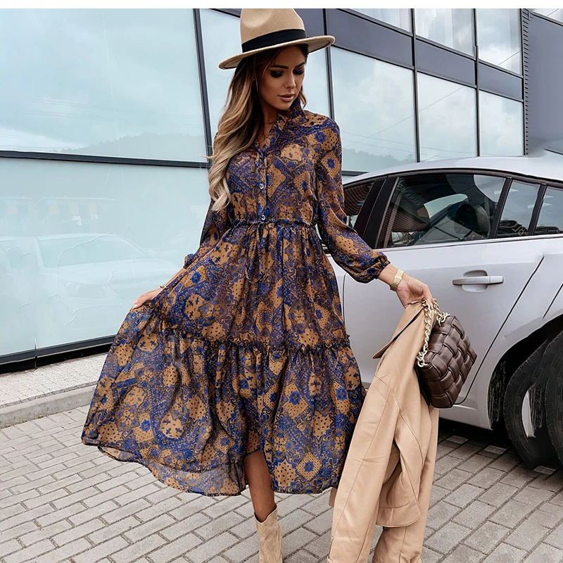 

Женское длинное платье с цветочным принтом, повседневное элегантное винтажное офисное платье макси с длинным рукавом, осень 2021