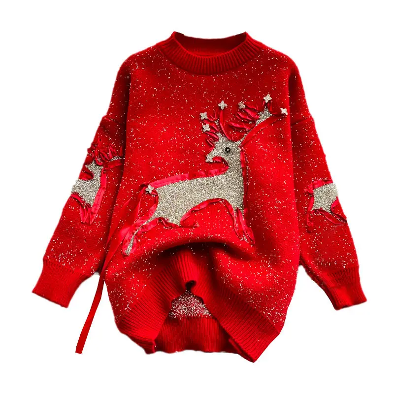 Свитер новинка зимы 2022 модный Рождественский Яркий шелковый Свободный Красный