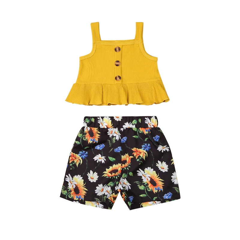 

Летний комплект для девочек, однотонный топ с квадратным вырезом без рукавов + шорты с цветочным принтом, комплект одежды для девочек
