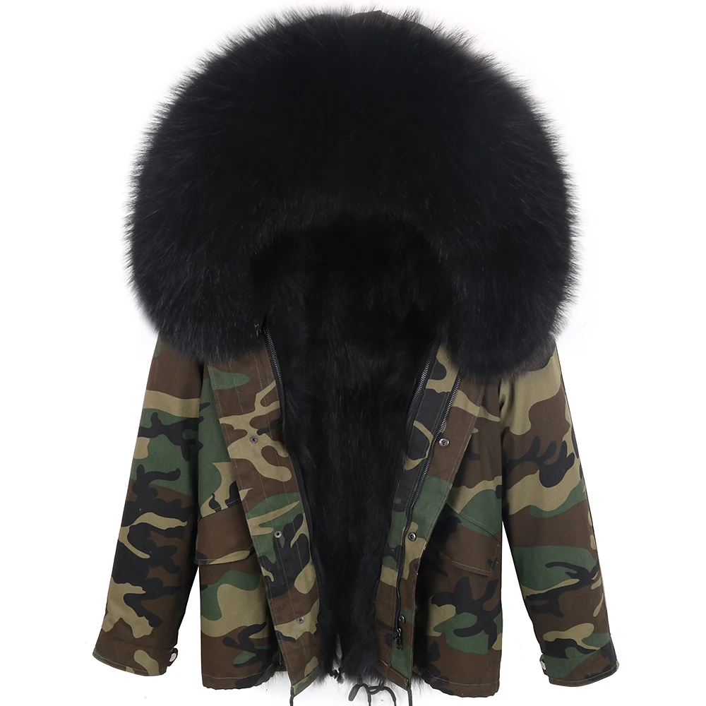 Women Winter Real Fox Fur Coat Big Natural Raccoon Fur Hood Thick Warm Streetwear Parkas Camouflage Real Fur Jacket Detachable