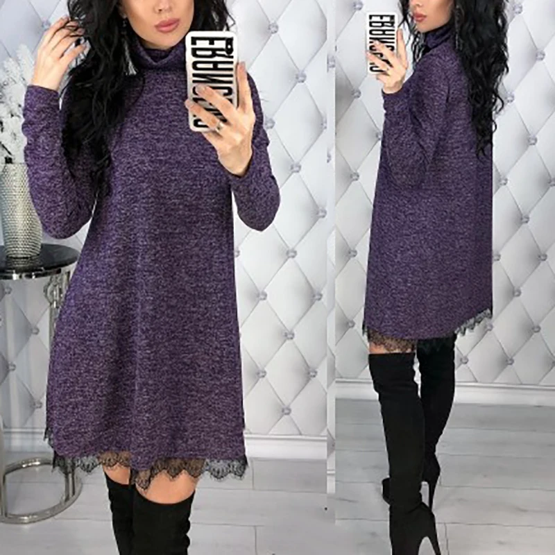 

Long Sleeve Loose A-Line Robe Plus Size New Solid Dress Women Casual Dress New Fashion Turtleneck Autumn Winter Dress GV160