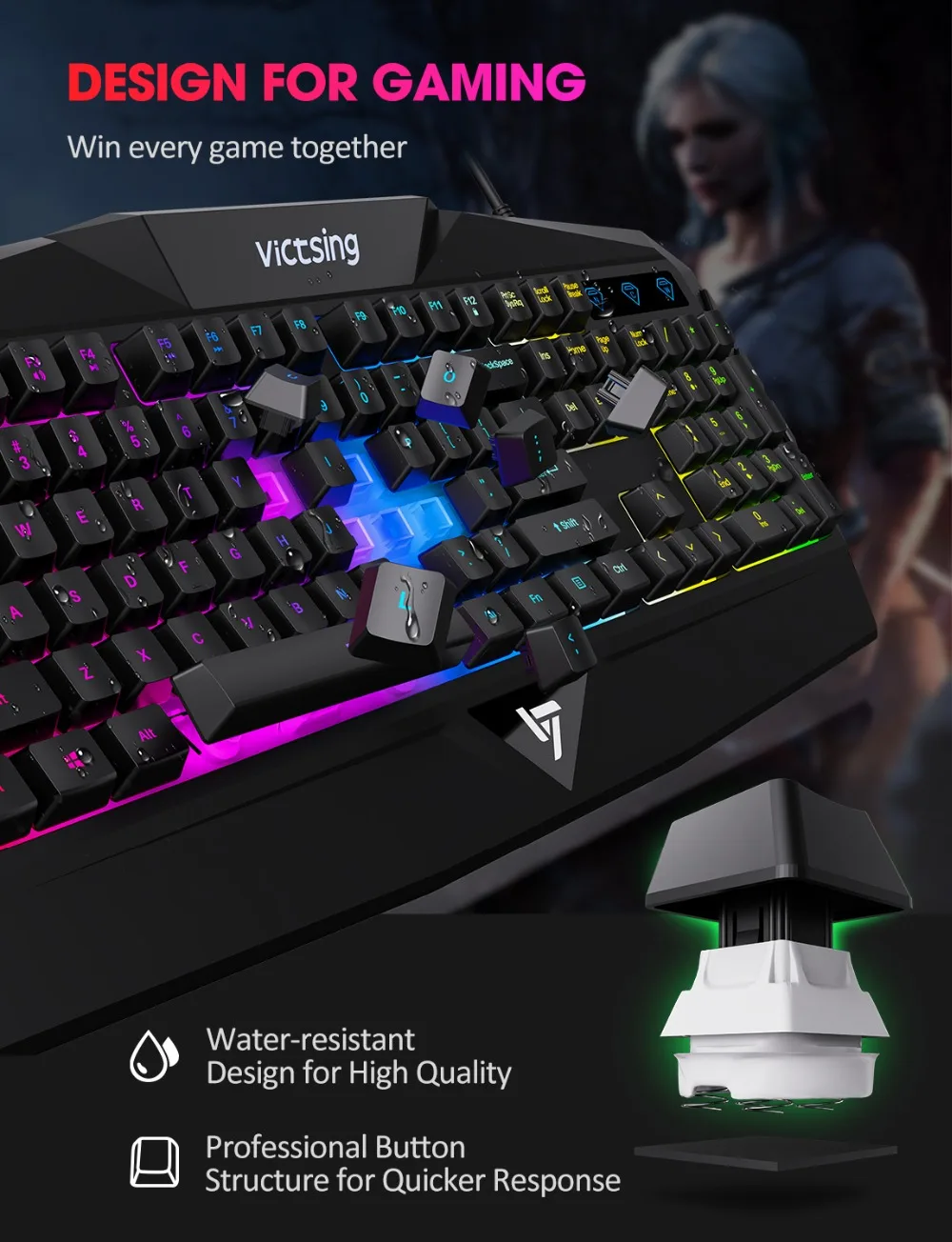 Оригинальная игровая клавиатура VicTsing PC225, RGB клавиатура с подсветкой, эргономичный дизайн, механическое ощущение, 19 ключей против привидений, 8 мультимедийных клавиш, проводная usb-клавиатура для геймера, ноутбука, компьютера