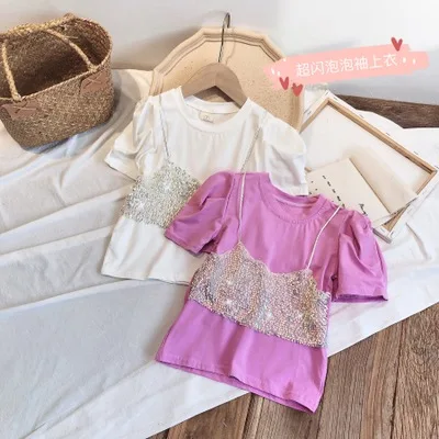 

fairy girl summer clothes fake 2pcs girls tshirt Puff sleeve girls tee blingbling top for girls baby girls clothes infant menina