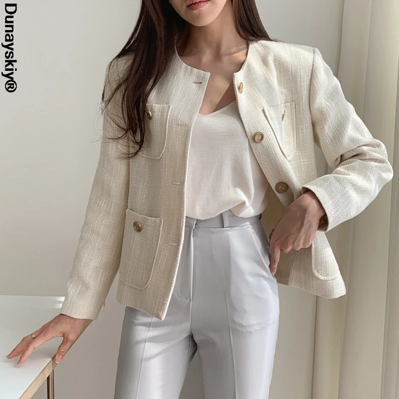 

Elegant O-neck Women Solid Blazer Autumn Winter Long Sleeve Single-breasted Pockets Female Short Jacket