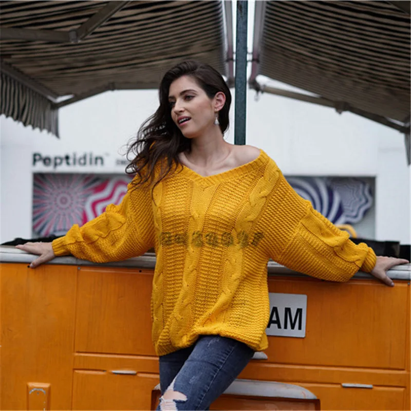 Модный новый женский хлопковый трикотажный теплый свитер с v-образным вырезом