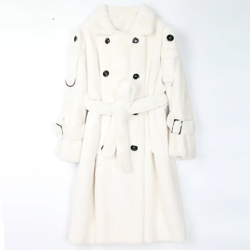 

Nerazzurri Long warm fluffy faux fur trench coat for women 2020 Double breasted pink white green plus size winter fashion belt