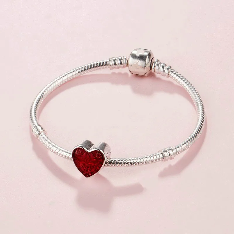 

Red Love Heart Charm 925 Sterling Silver Charmpan Bracelet For Valentines DIY Jewelry