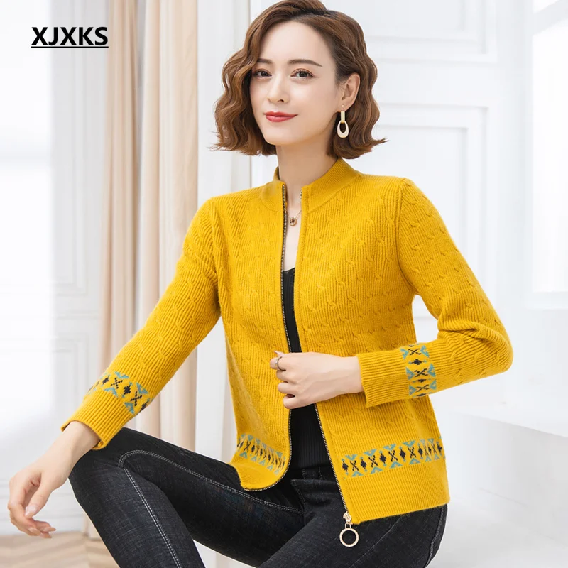 

XJXKS 2021 autumn winter new cashmere knitted sweater jacket high quality comfortable zipper cardigan women coat