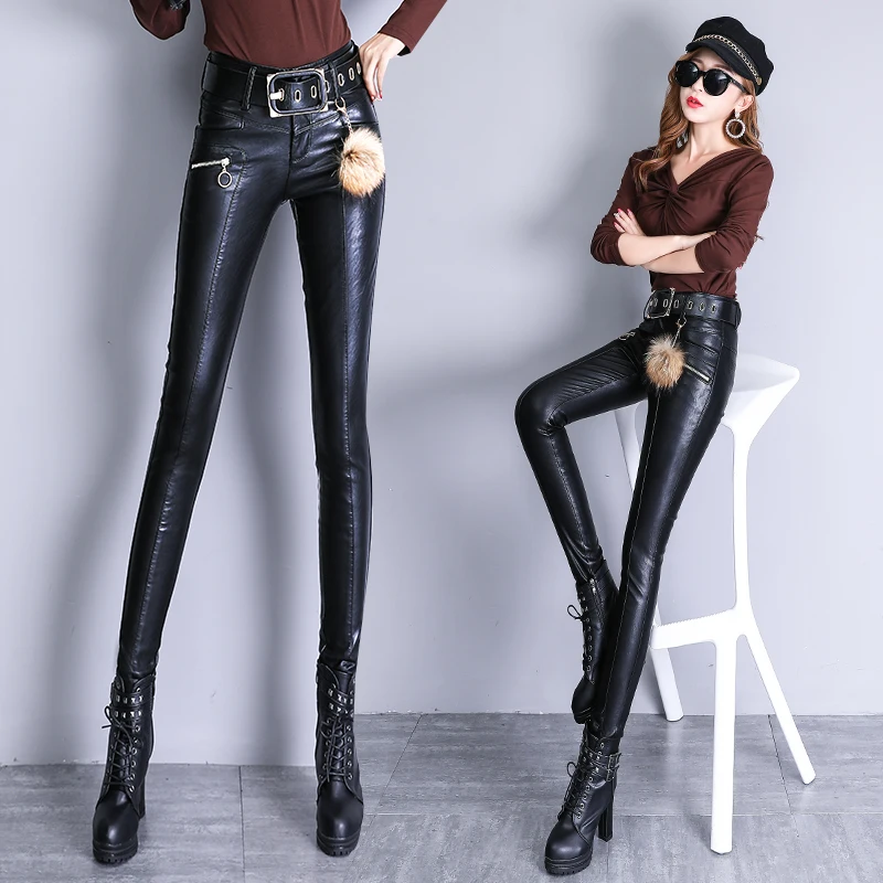 Women's PU Leather pants Skinny high waist Faux Leather pants velvet thick winter PU Pencil pants women pants wear PU trousers