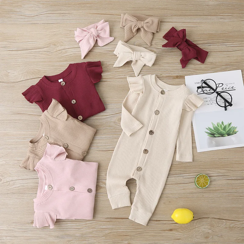 

Infant Newborn Baby Girls Boys Clothes Spring Autumn Ribbed Knitted Cotton Romper Long Sleeve Jumpsuit Solid 2Pcs Outfits 0-2Y