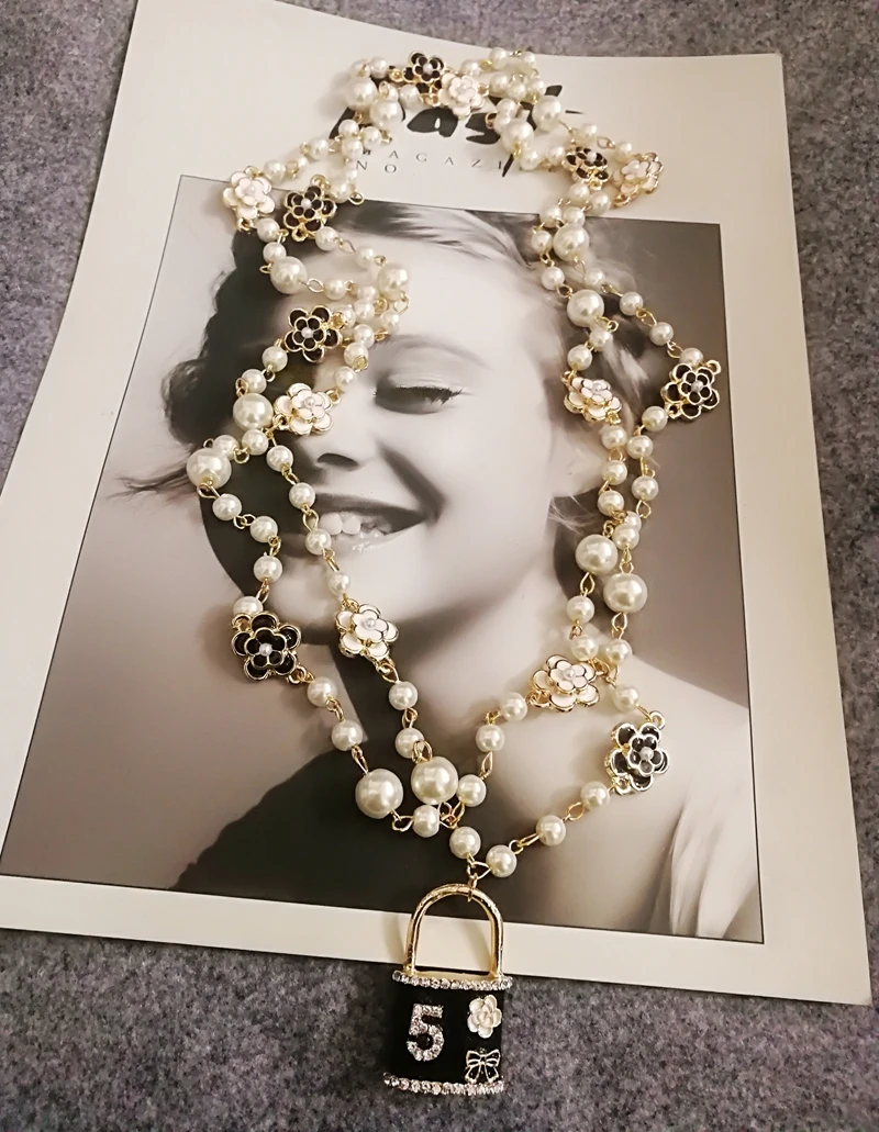 

Women Long Pearls Sweater Chain Necklace Accessory For Party Camelia Layered