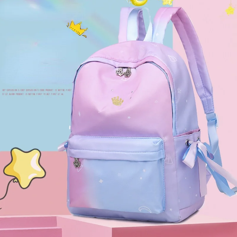All-match simple fashion backpack high school student backpack dream fairy gradient color bow waterproof student casual backpack