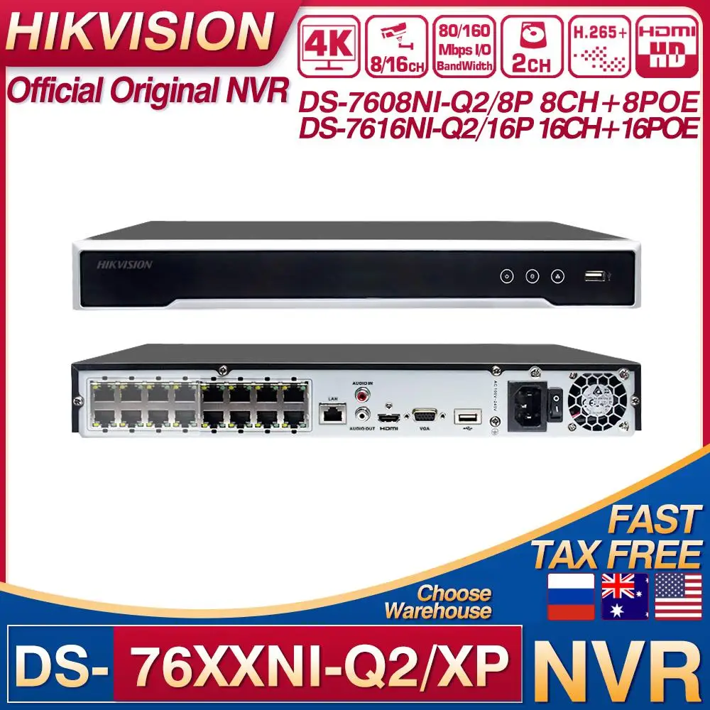 

Hikvision NVR DS-7608NI-Q2/8P DS-7616NI-Q2/16P 8CH 16CH POE NVR 8MP 4K H.265+ CCTV Security Surveillance Network Video Recorder