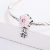 925 sterling silver charm cz pink magnolia flowers with diamond beading charm bracelet diy jewelry making for pandora
