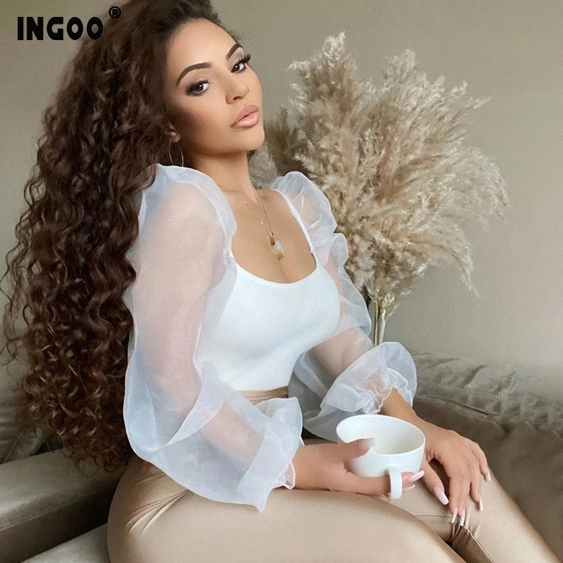 INGOO элегантная сетчатая пышная женская рубашка с длинным рукавом 2020 Весенняя