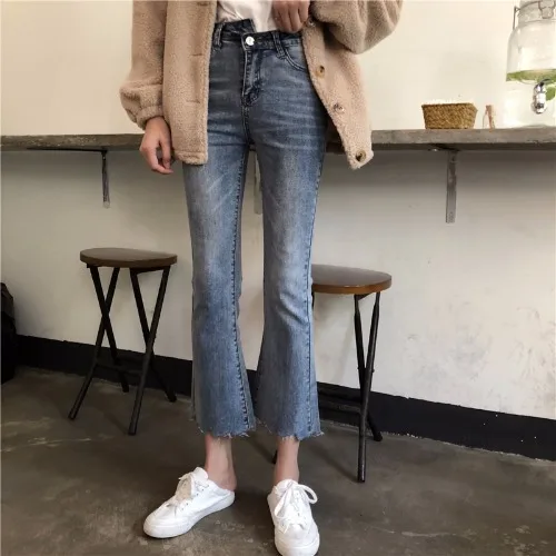 

Spring Slim Female Pockets Elegant Girl Jeans Women High Waist Simple Single Breasted Trendy Leisure Womens Flare Trousers