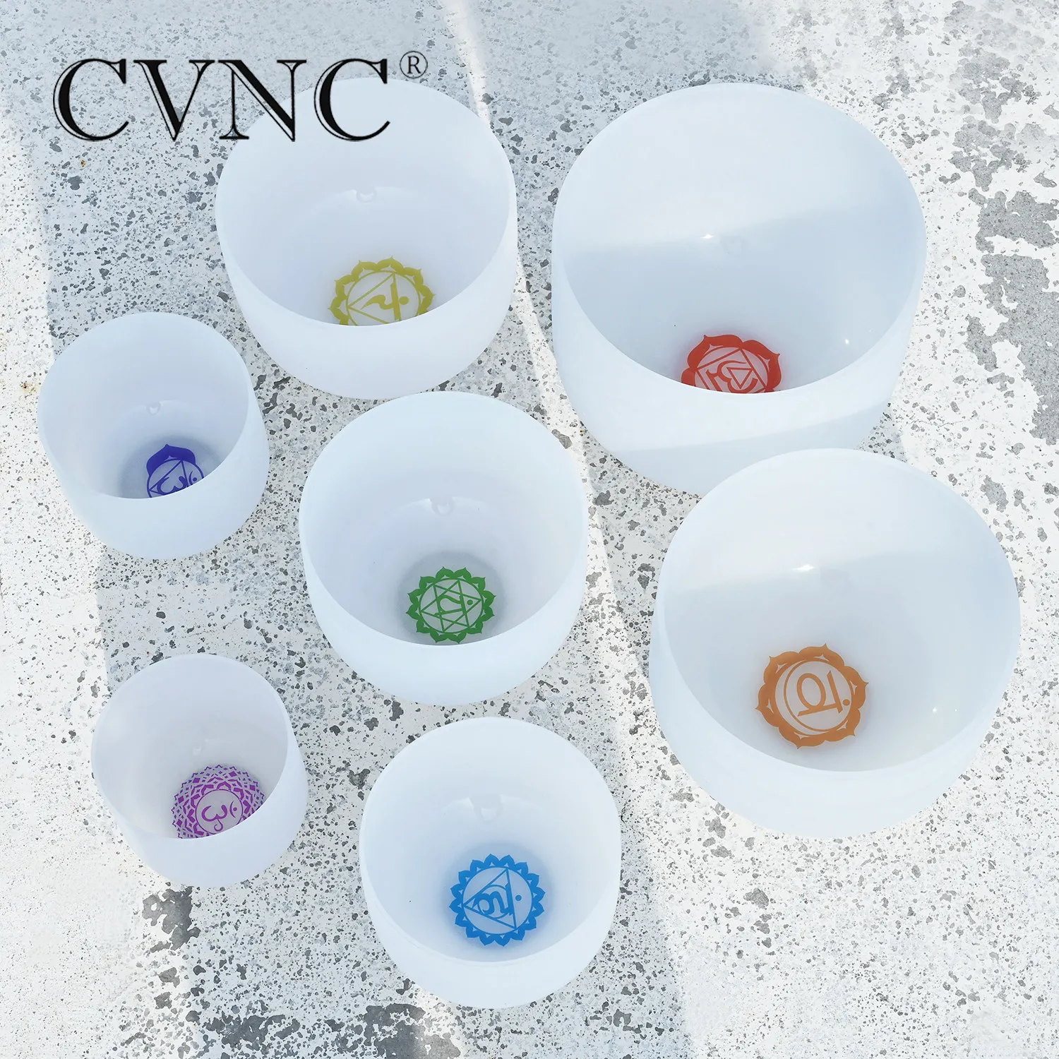 CVNC 8-14 Inch Chakra Design Frosted Quarz Kristall Klangschalen Set von 7 stücke CDEFGAB Hinweis mit Freies schlägel und O-ringe