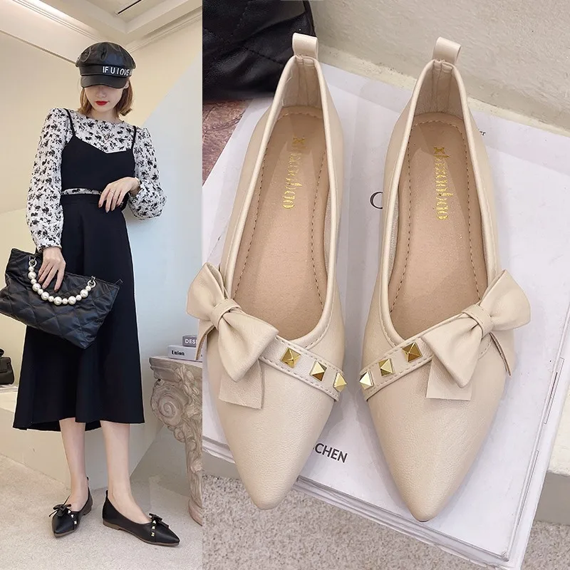 Women Butterfly-knot Pointed Toe Ballet Flats Shoes Woman Slip on Mujer Shallow Studs Moccasins